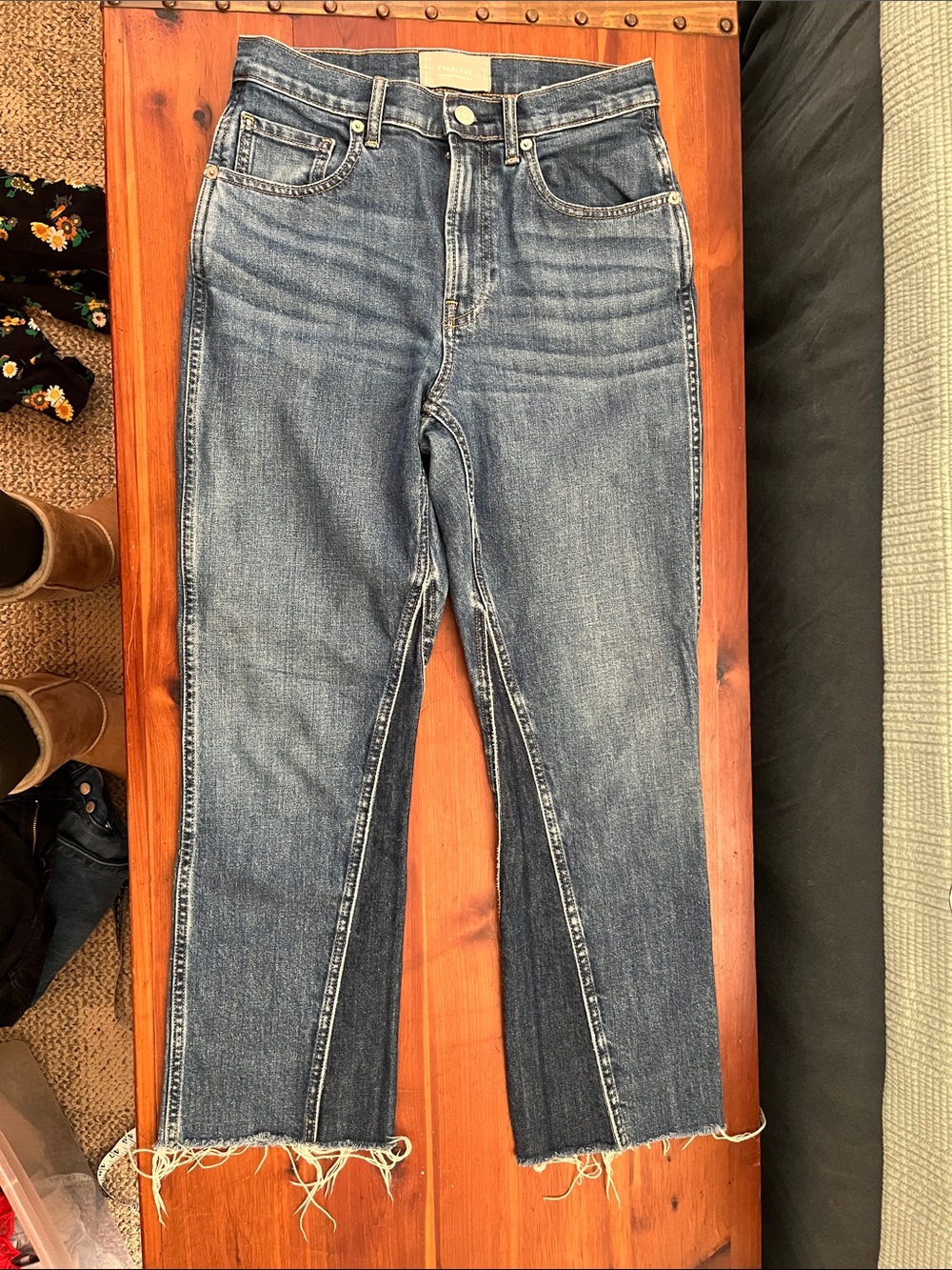 Everlane Medium Blue High-Rise Straight Crop Jeans with Frayed Hem